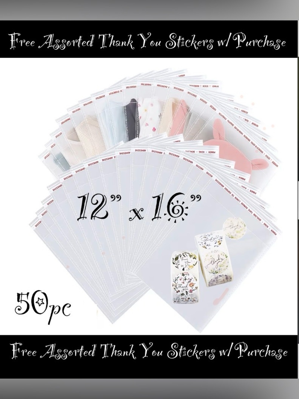 12 x 16” Large Resealable Cellophane Bags 50ct W/50-Free Thank You Stickers 🌿🆕🌿